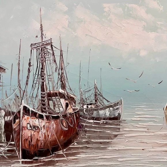 Florence Wilkins Oil Painting, Fishing Boat, Wood Frame, 32”x44”, Mid Century‎